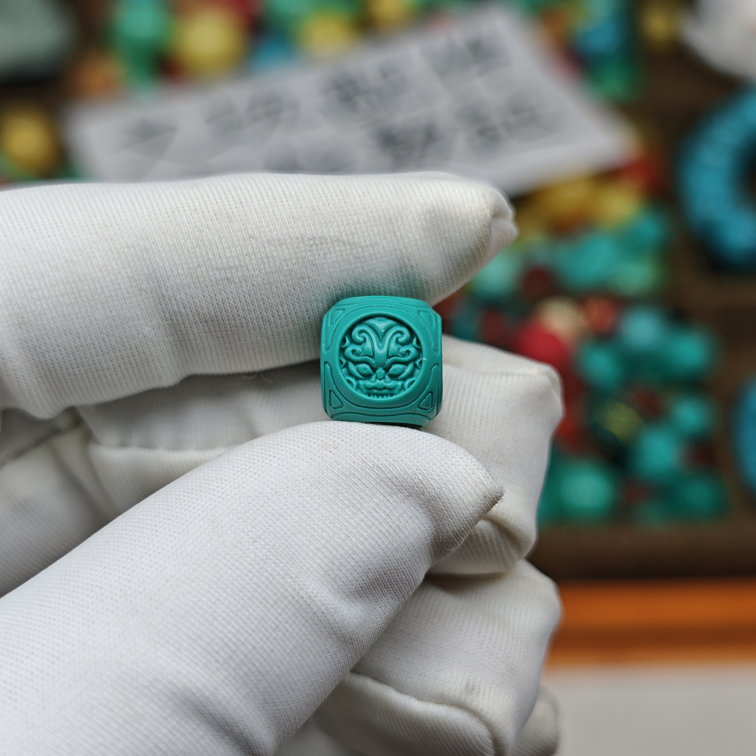 【A5】10mm四方神兽六方珠高瓷绿满工精雕文玩配珠配饰DIY手串配件