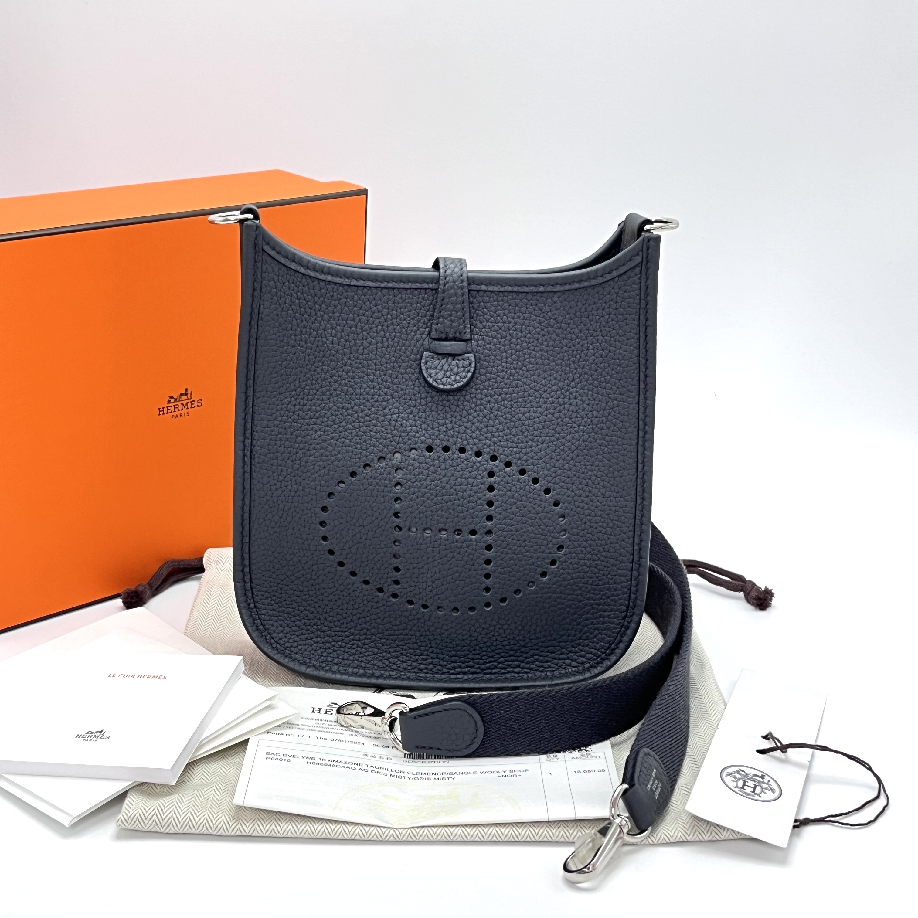 99新 Hermes/爱马仕 石板灰银扣mini伊芙琳单肩斜挎包 61433