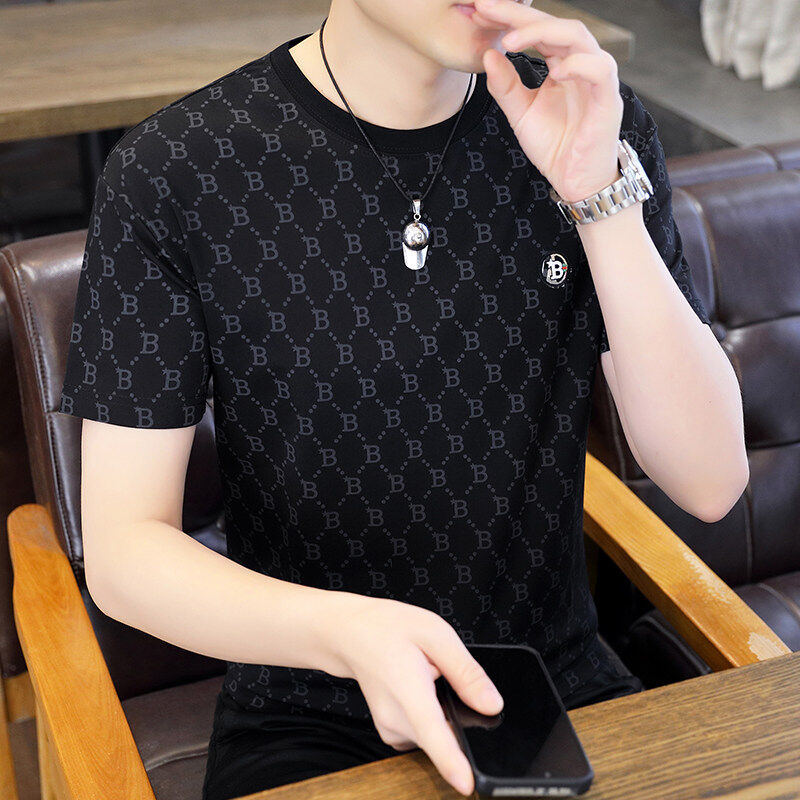 夏季欧货棉质T恤衫男士潮牌印花时尚舒适百搭修身圆领短袖822
