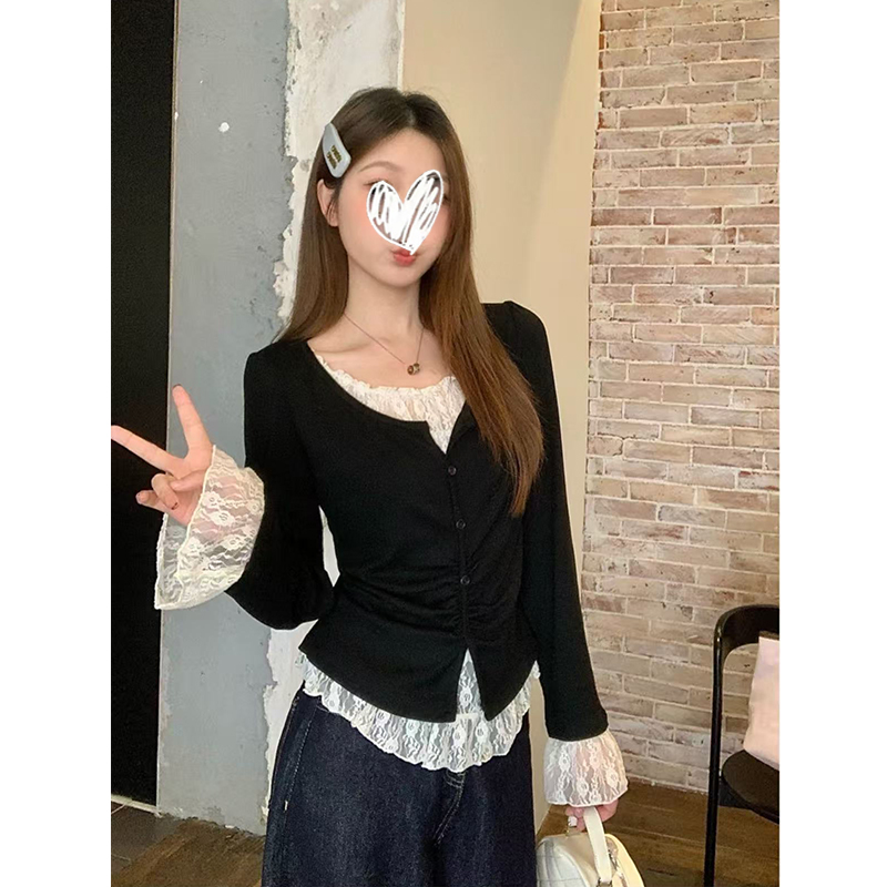 秋冬新款显瘦遮肉蕾丝拼接上衣假两件正肩T恤女长袖内搭打底衫