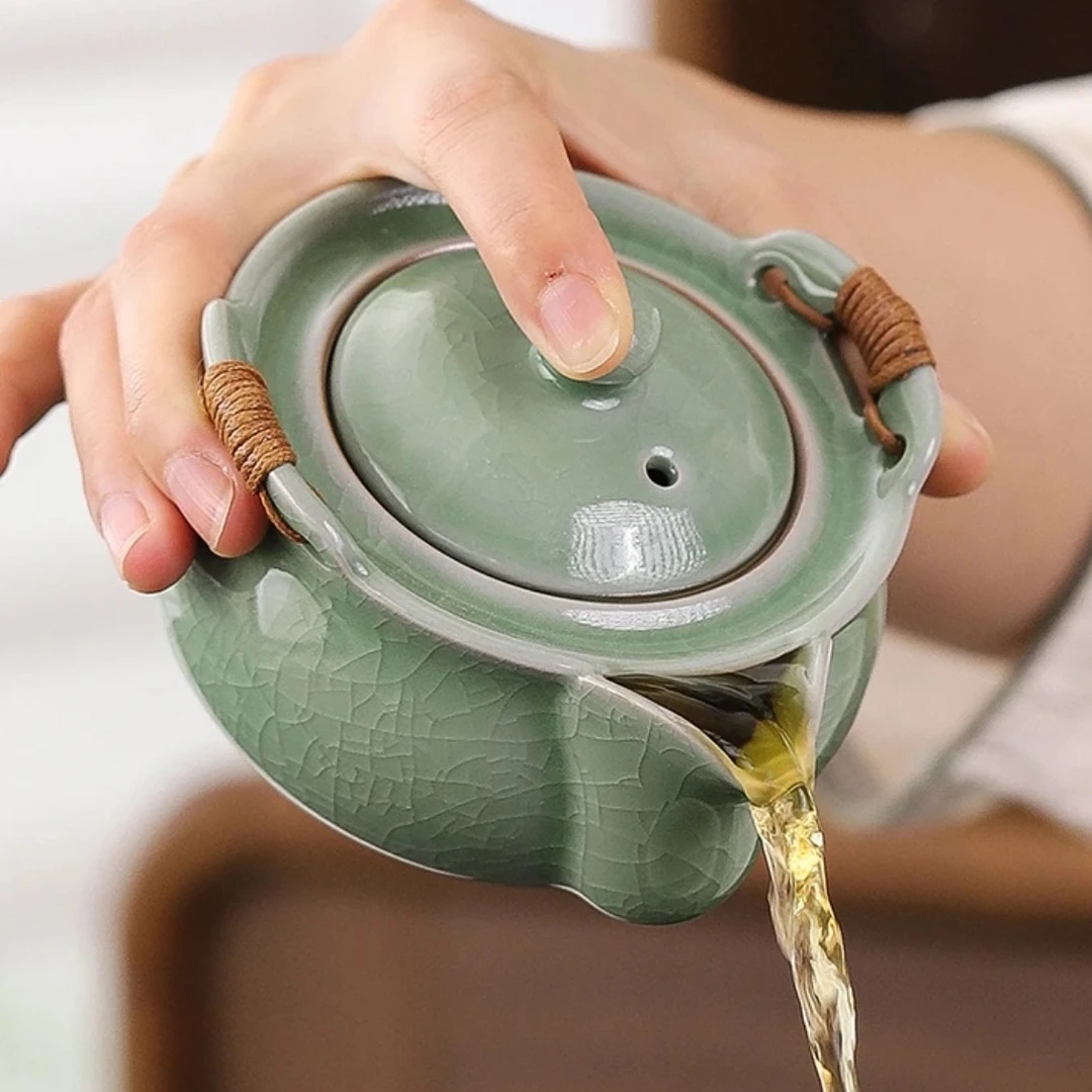 陶瓷防烫汝窑哥窑手工手抓壶家用泡茶茶道汝窑哥窑茶壶茶杯茶具
