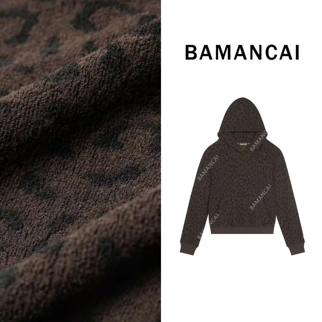 Bamancai-设计感复古豹纹冬季连帽宽松羊毛桑蚕丝加绒加厚女卫衣