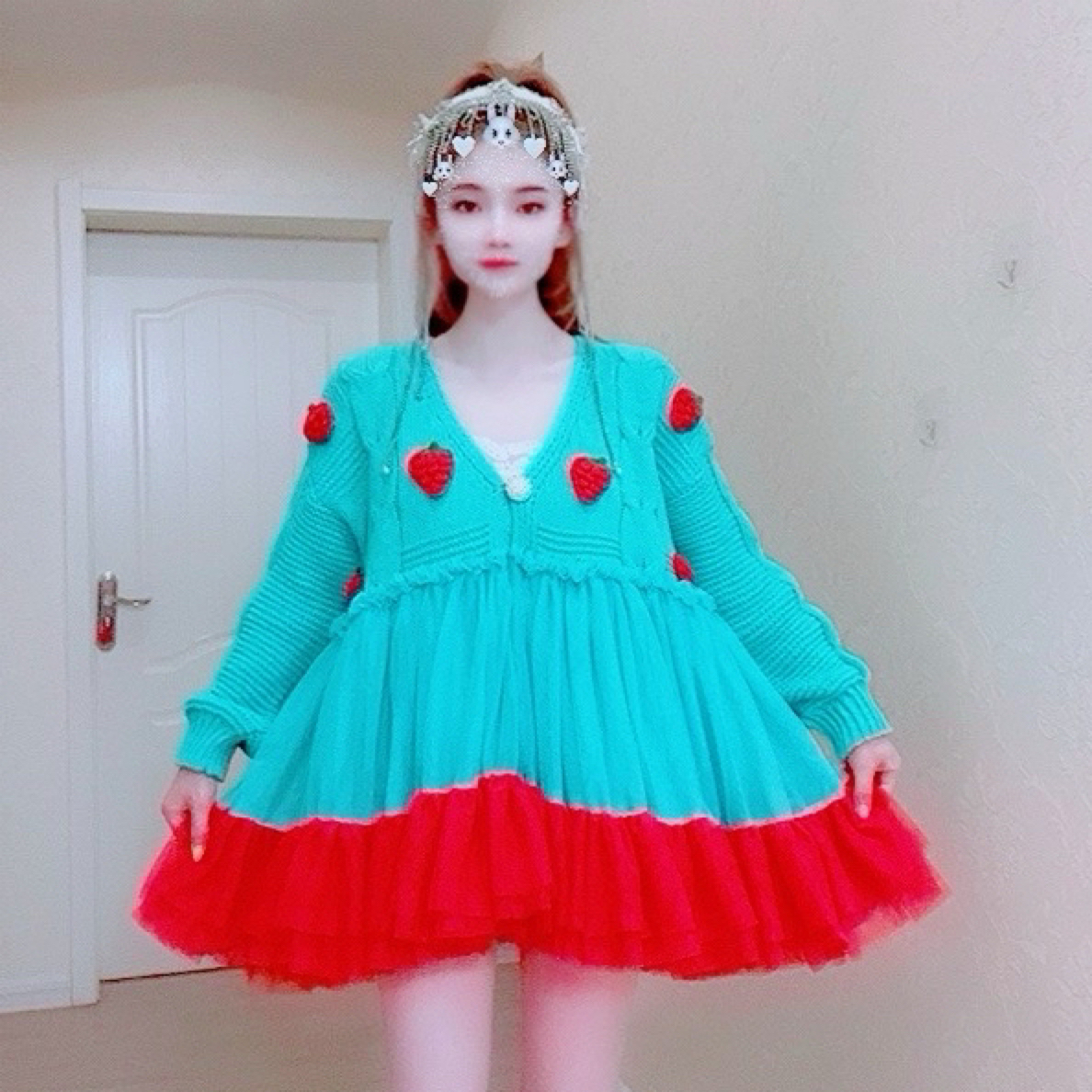 【面条仙仙】3499#高品质纱纱拼接草莓针织毛衣连衣裙