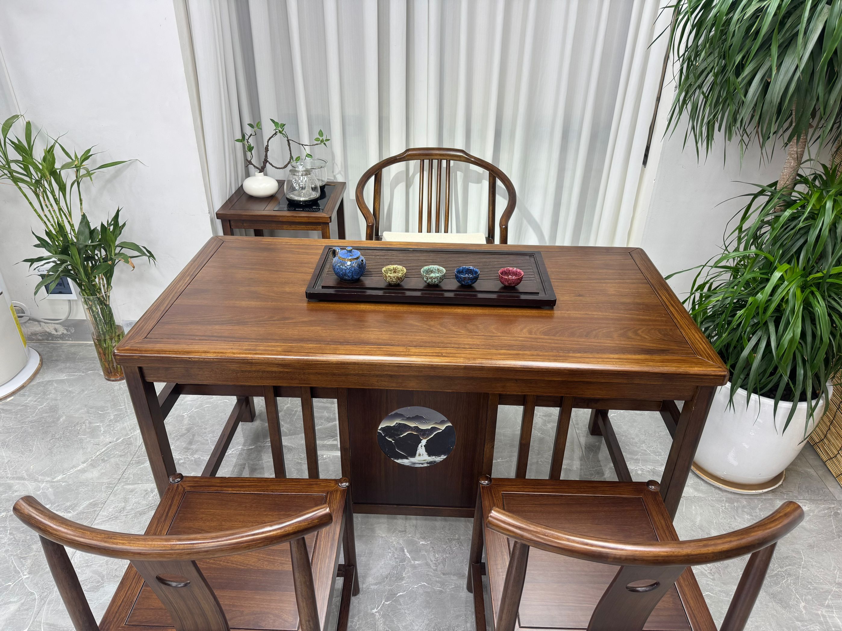 1.2米阳台喝茶桌小茶台办公室茶台家用组合简约禅意茶桌椅乌金木