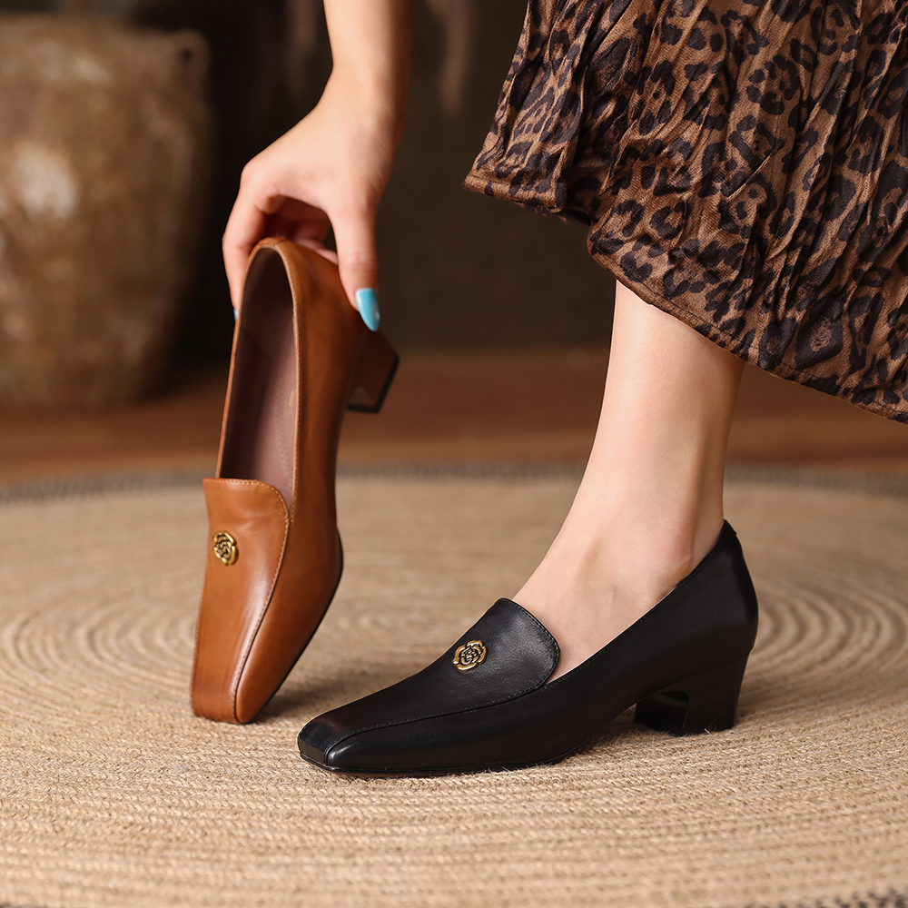 1907-1方头中跟单鞋女春季真皮粗跟