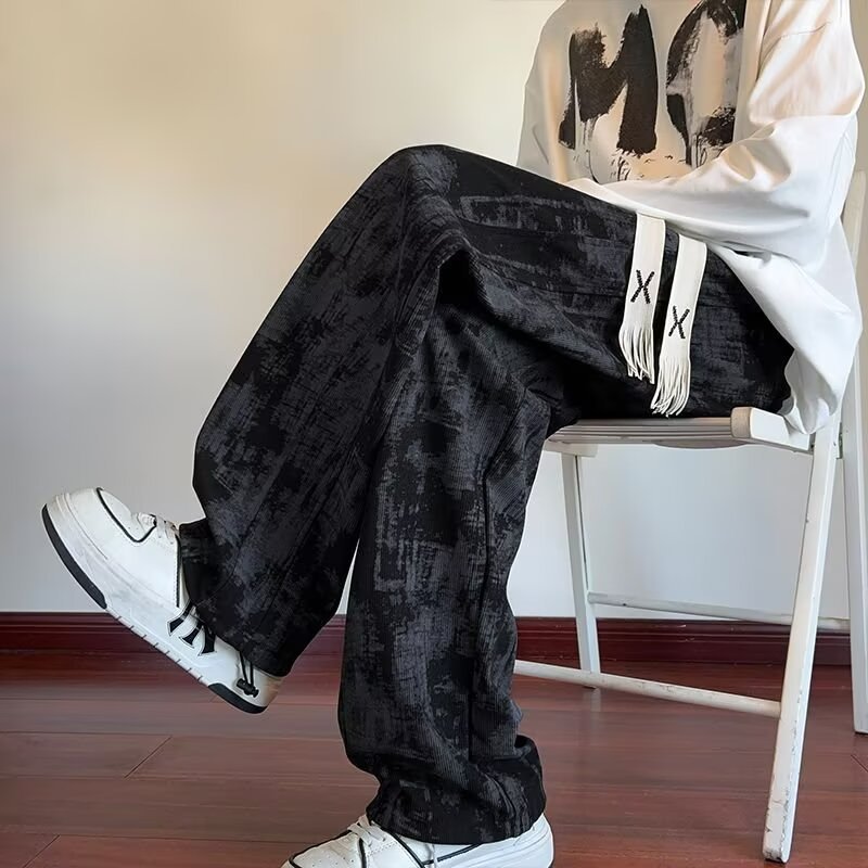 春秋季美式高街休闲裤男扎染时尚百搭长裤男运动垂坠感休闲裤男是