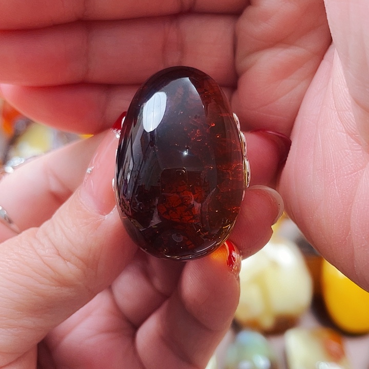 琥珀戒指银S925镶嵌戒指