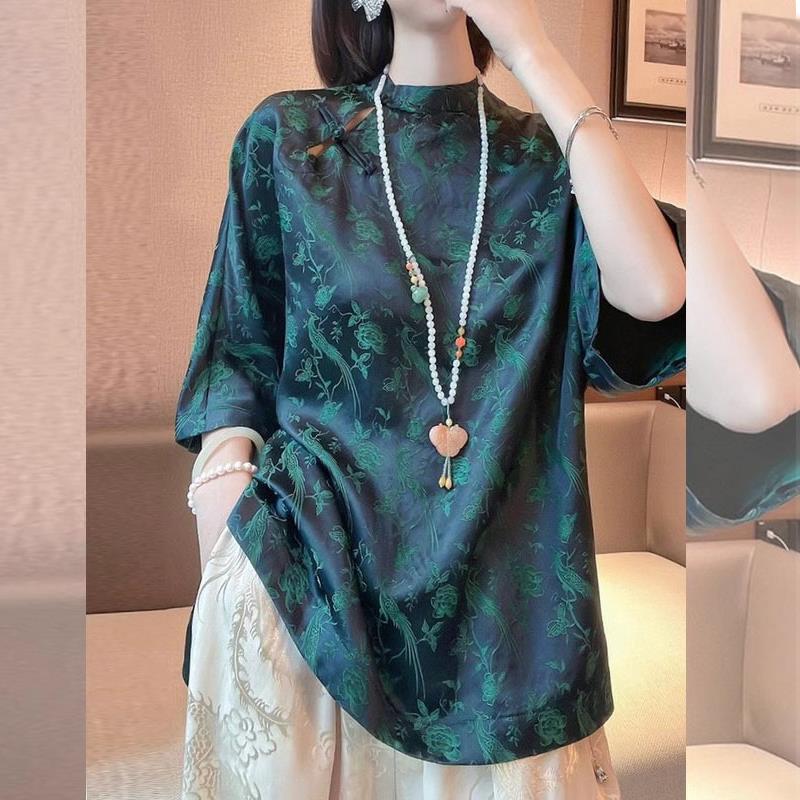 缎面衬衫女士春秋2025年新款夏季洋气上衣新中式国风小衫中袖衬衣