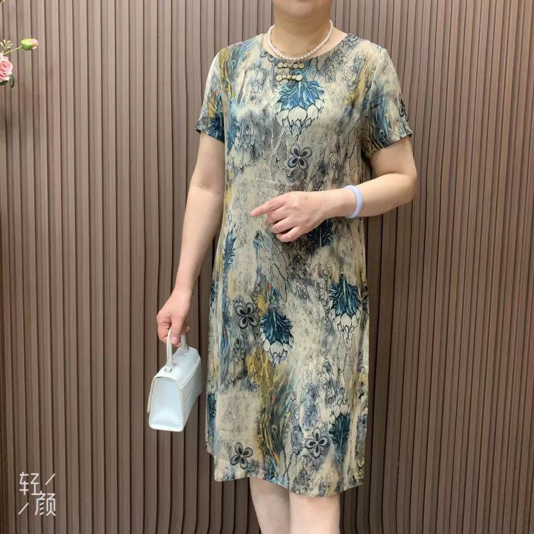 短袖中长裙连衣裙夏季显瘦洋气宽松裙子中老年中长款气质长裙