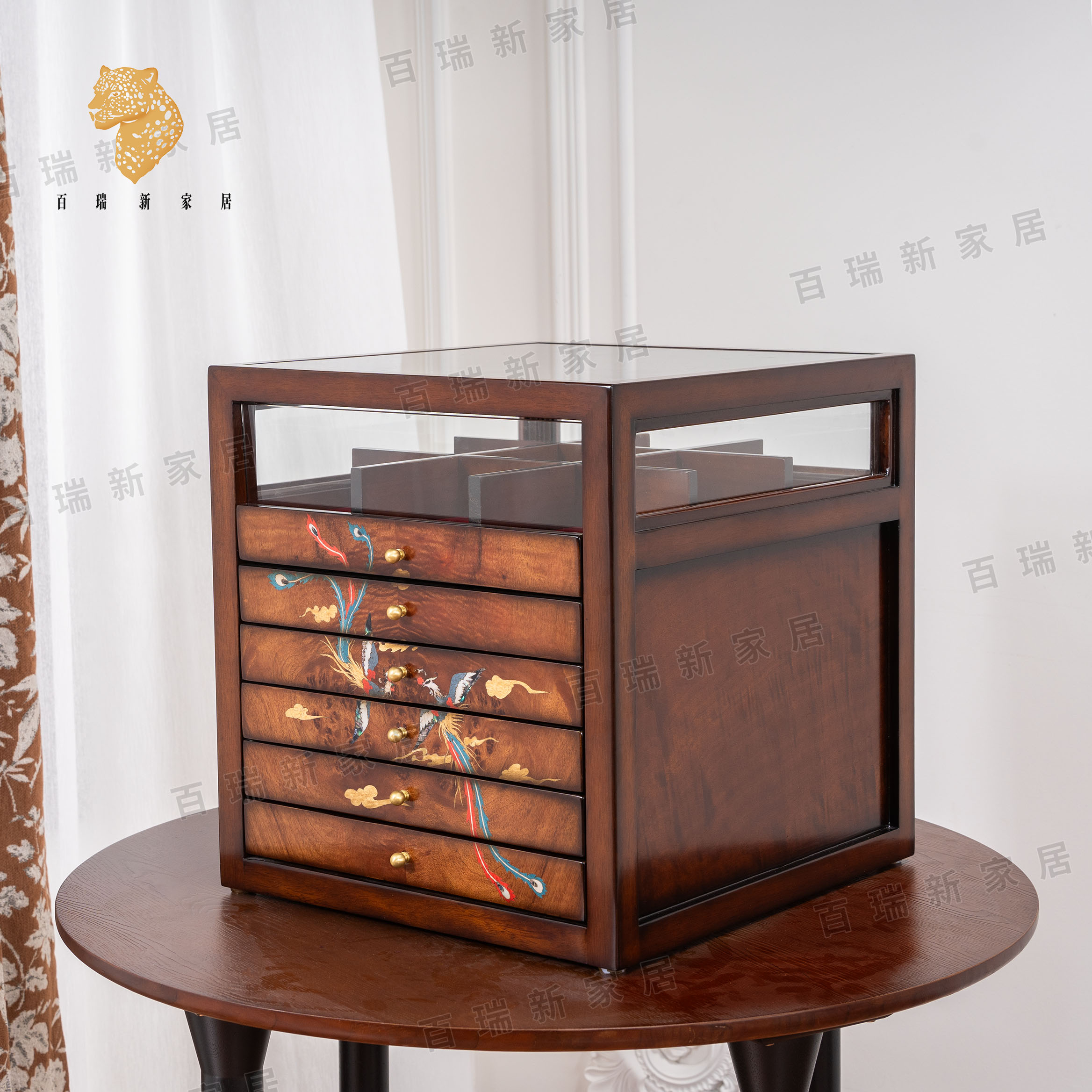 百瑞新欧式《凤翼扶摇》贝壳镶嵌螺钿实木六抽珠宝柜-YLSD-BRX2700