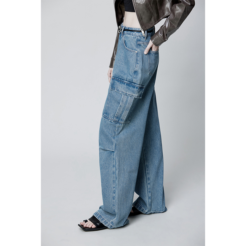 工装阔腿牛仔裤女春秋季港风复古高腰显瘦休闲宽松大版拖地裤