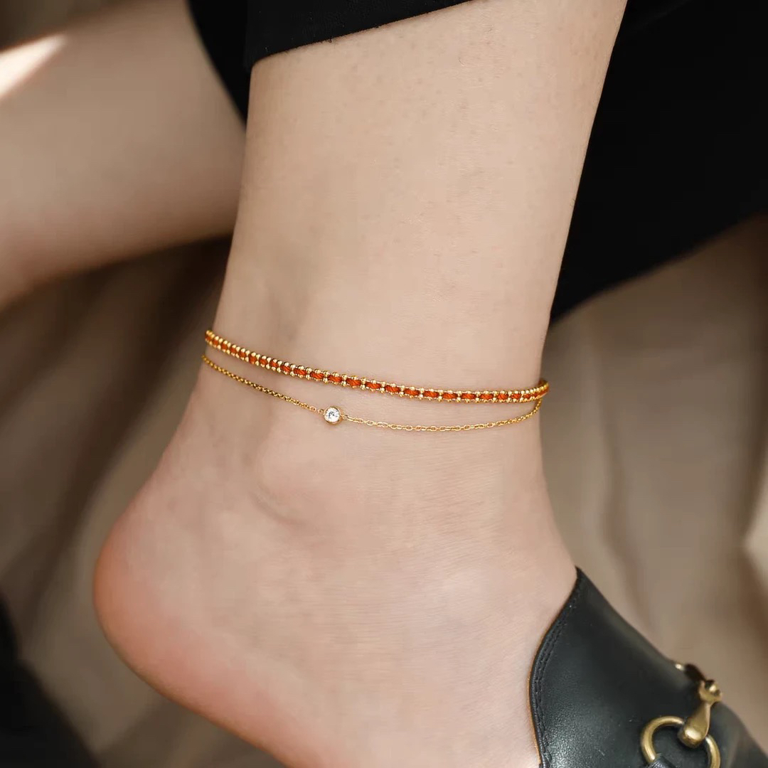 铜合金合成锆石脚链 合成锆石脚链 高定锆石双层红绳脚链688