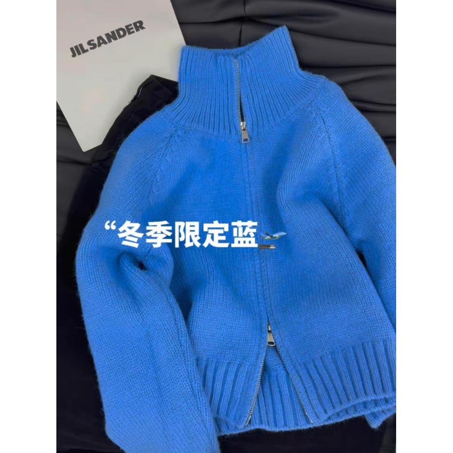 克莱因蓝双头拉链翻领针织衫女夏季韩系短款毛衣外套高级气质开衫