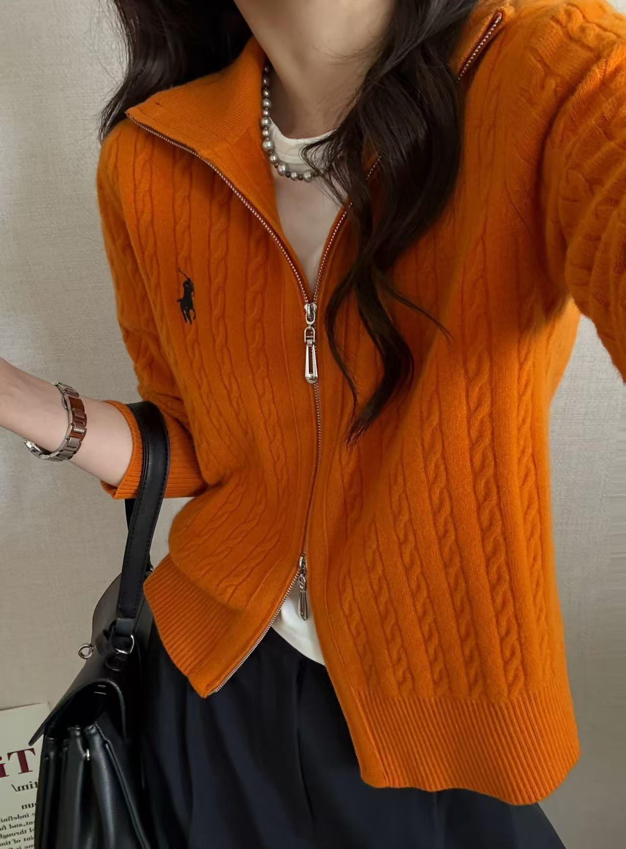 秋冬polo领拉链毛衣外套女慵懒风麻花针织开衫高级感冬季加厚上衣
