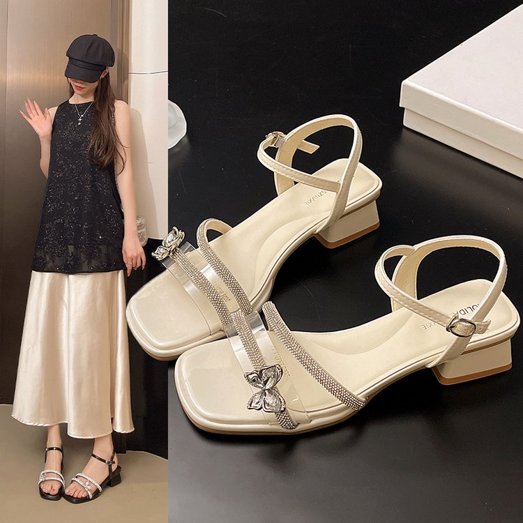 【时光】法式气质水钻凉鞋粗跟设计仙女风露趾高跟鞋配裙子百搭