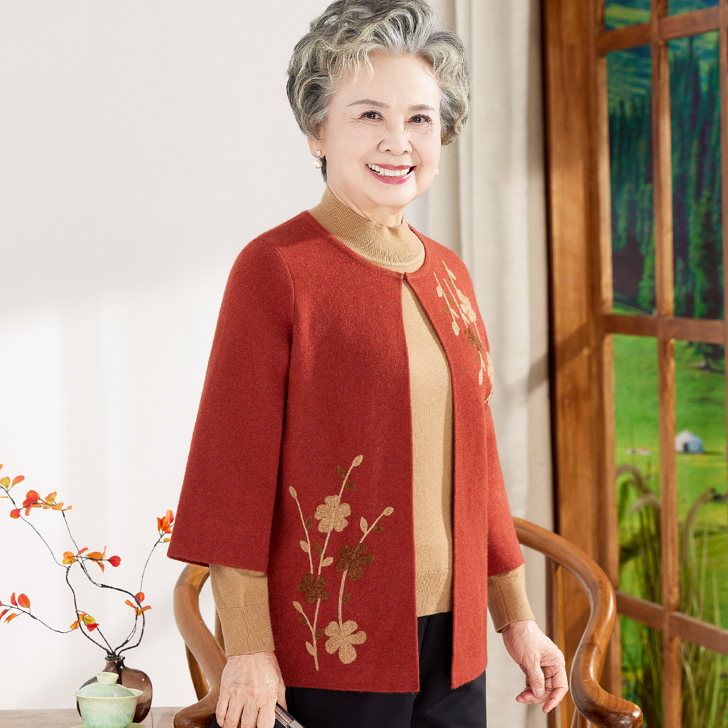 奶奶秋装针织衫两件套中老年人妈妈春秋天宽松样衣套装老太太衣服