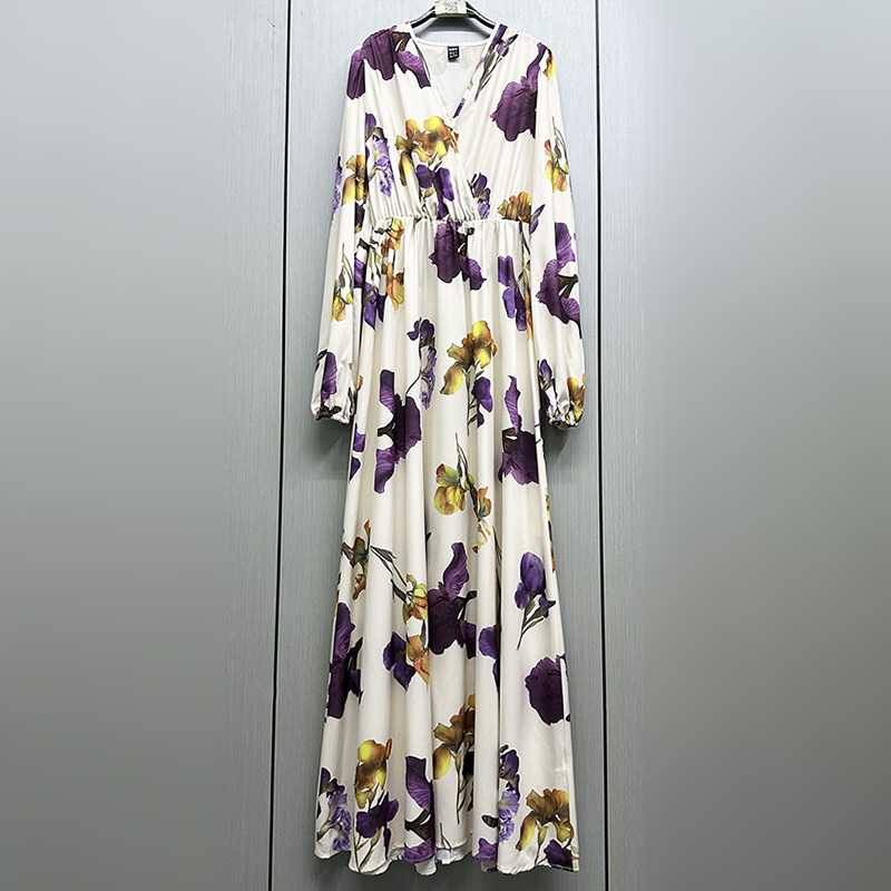 外贸原单175高个子长袖V领A字裙女装气质宽松显瘦松紧腰连衣裙