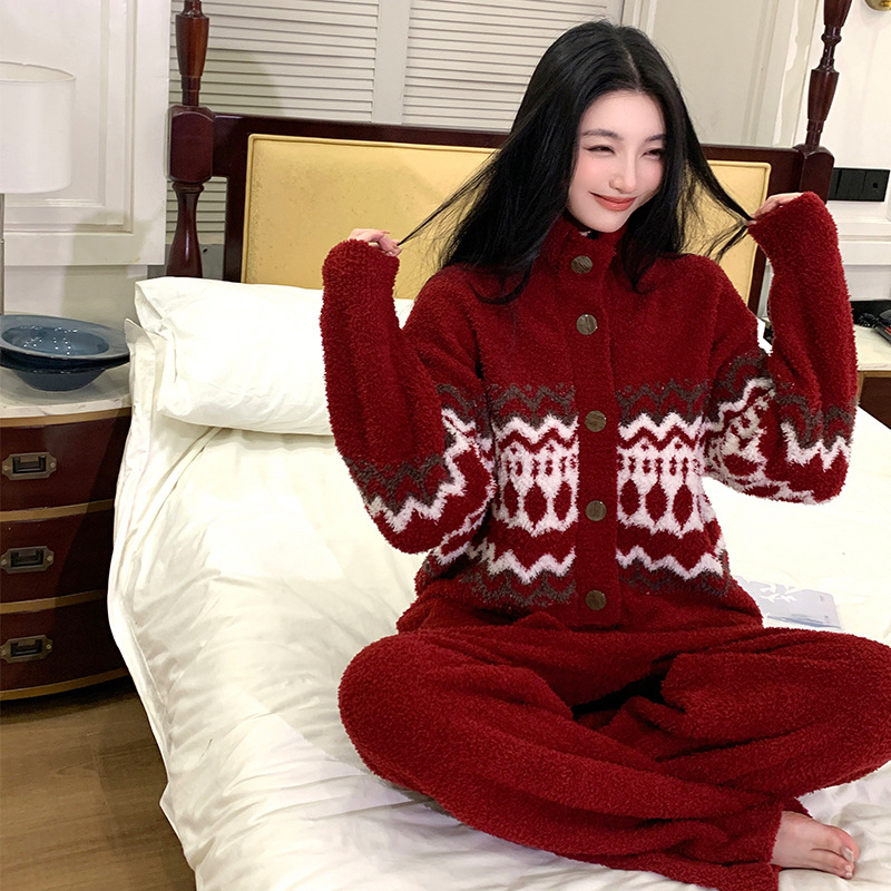 高克重欧美费尔岛风格半边绒软绵绵冬季保暖居家服睡衣套装