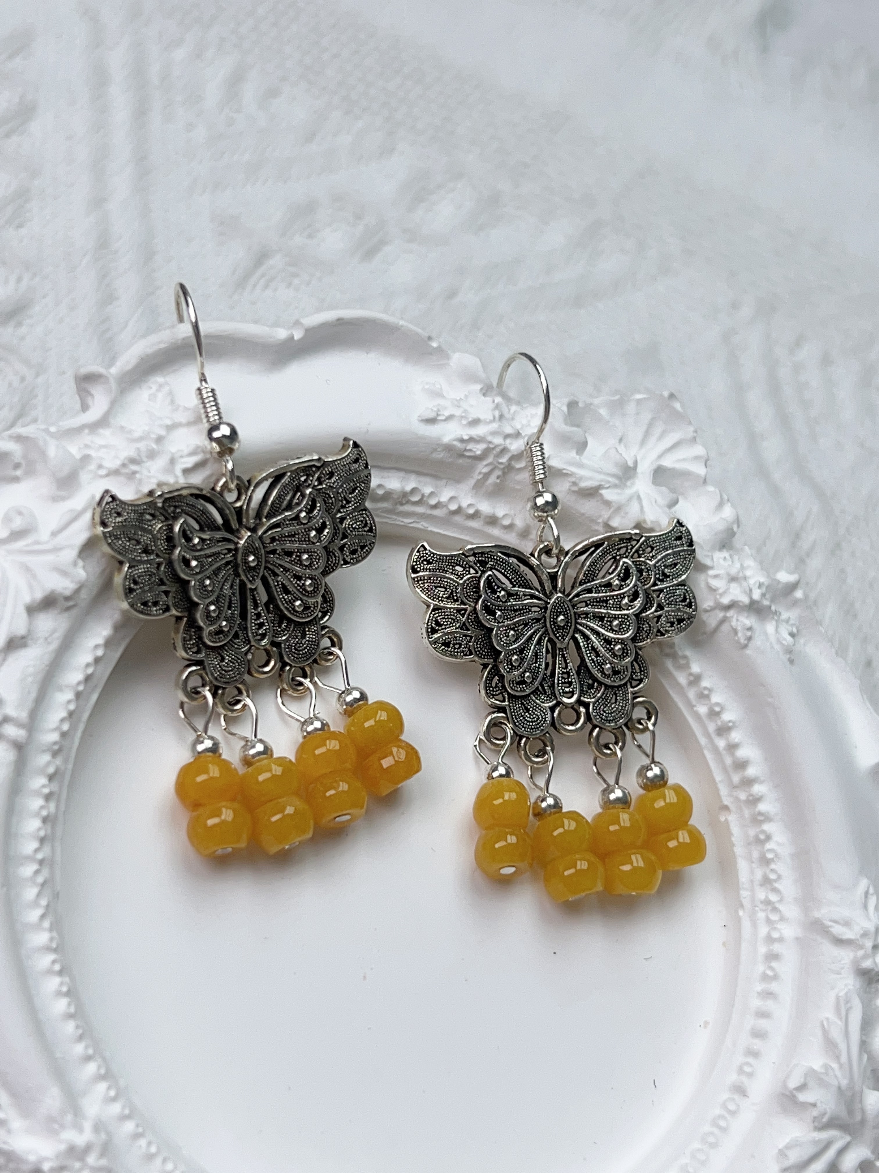  缅甸翡翠A货复古百搭设计款原创流苏蝴蝶耳钩