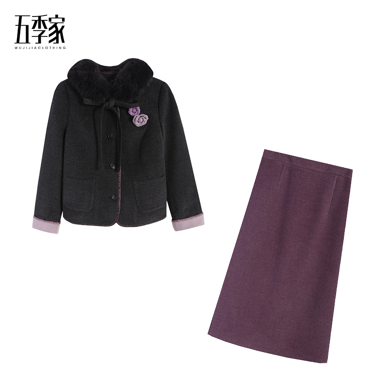 【五季家大码】冬季气质时尚灰色上衣+紫色长半裙两件套ZL115120