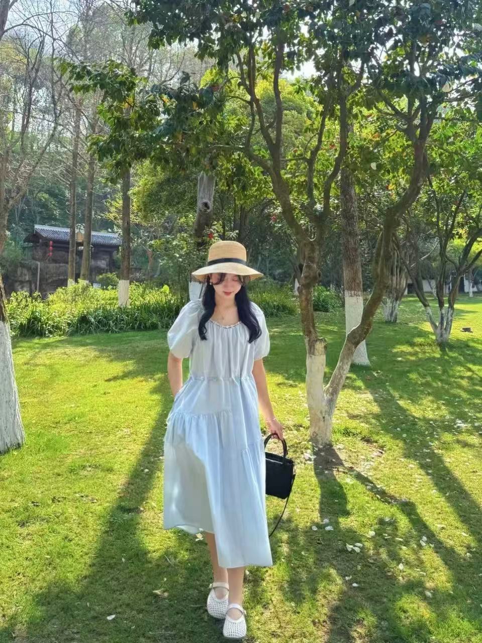 中长裙A字裙圆领套头连衣裙夏季设计感法式甜美显瘦