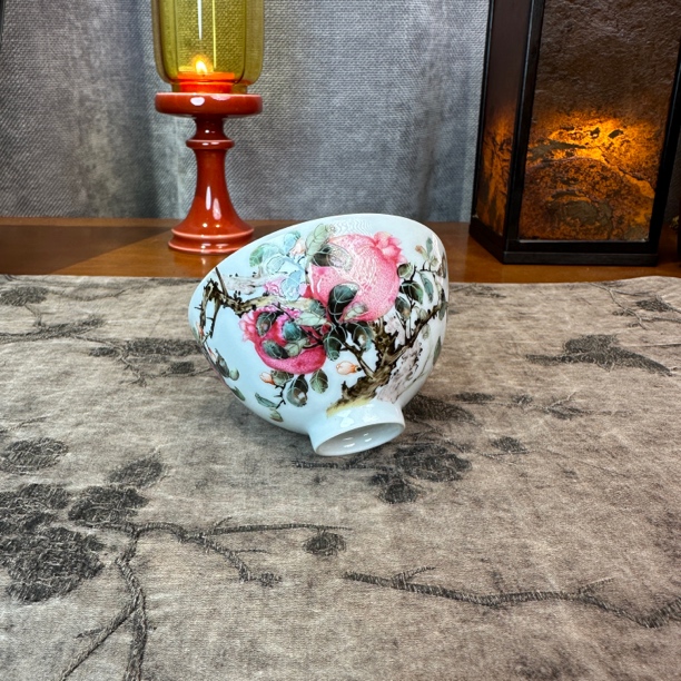 钟新春 粉彩国画榴开百子鸡心杯