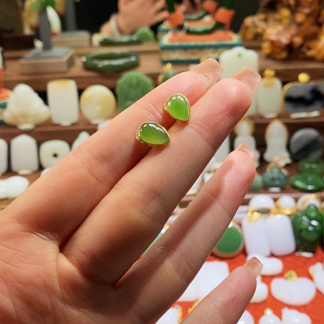 和田玉耳饰银S925镶嵌