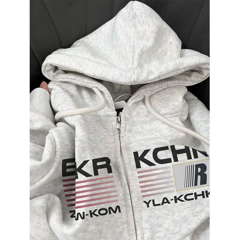 重磅时尚美式开衫拉链连帽卫衣外套女新款春秋薄款百搭上衣ins