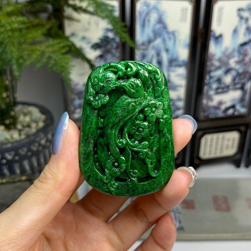 花青满绿喜上眉梢挂件 天然翡翠A货