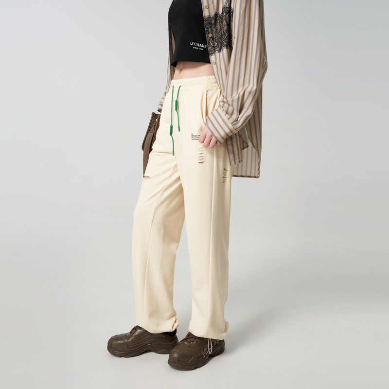 U/TI破洞束脚休闲裤抽绳设计显瘦通勤百搭垂感宽松九分裤个性卫裤