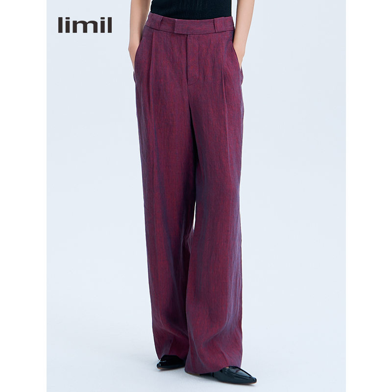 limil/丽米儿红蓝混色偏光效果雨露复古休闲麻裤子9100101