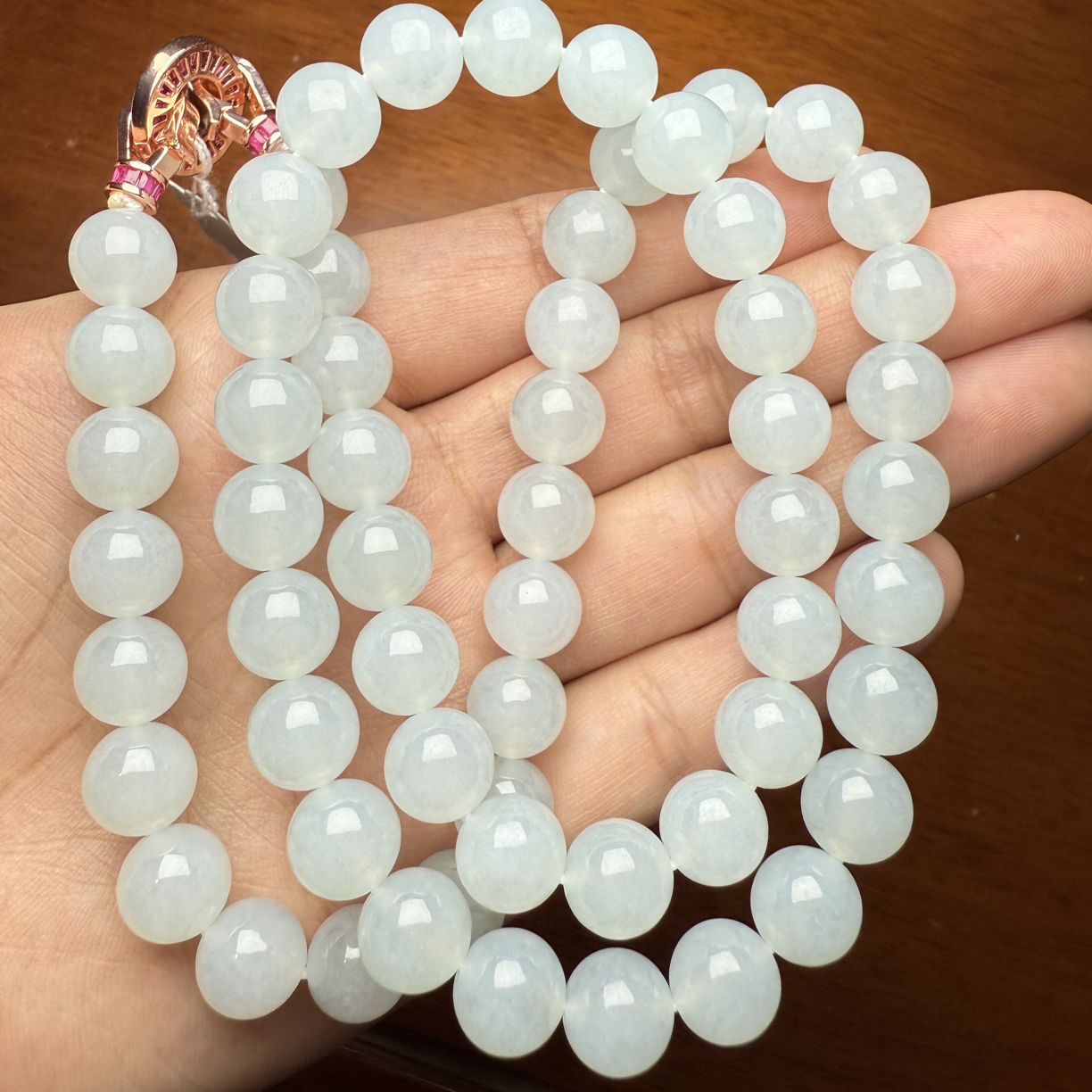 缅甸翡翠A货 糯冰种起胶白月光女神项链10.0mm/60颗 