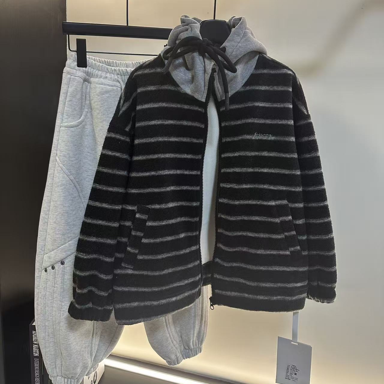 {加绒}儿童拉链条纹秋冬连帽宽松韩版卫衣男女童中长款