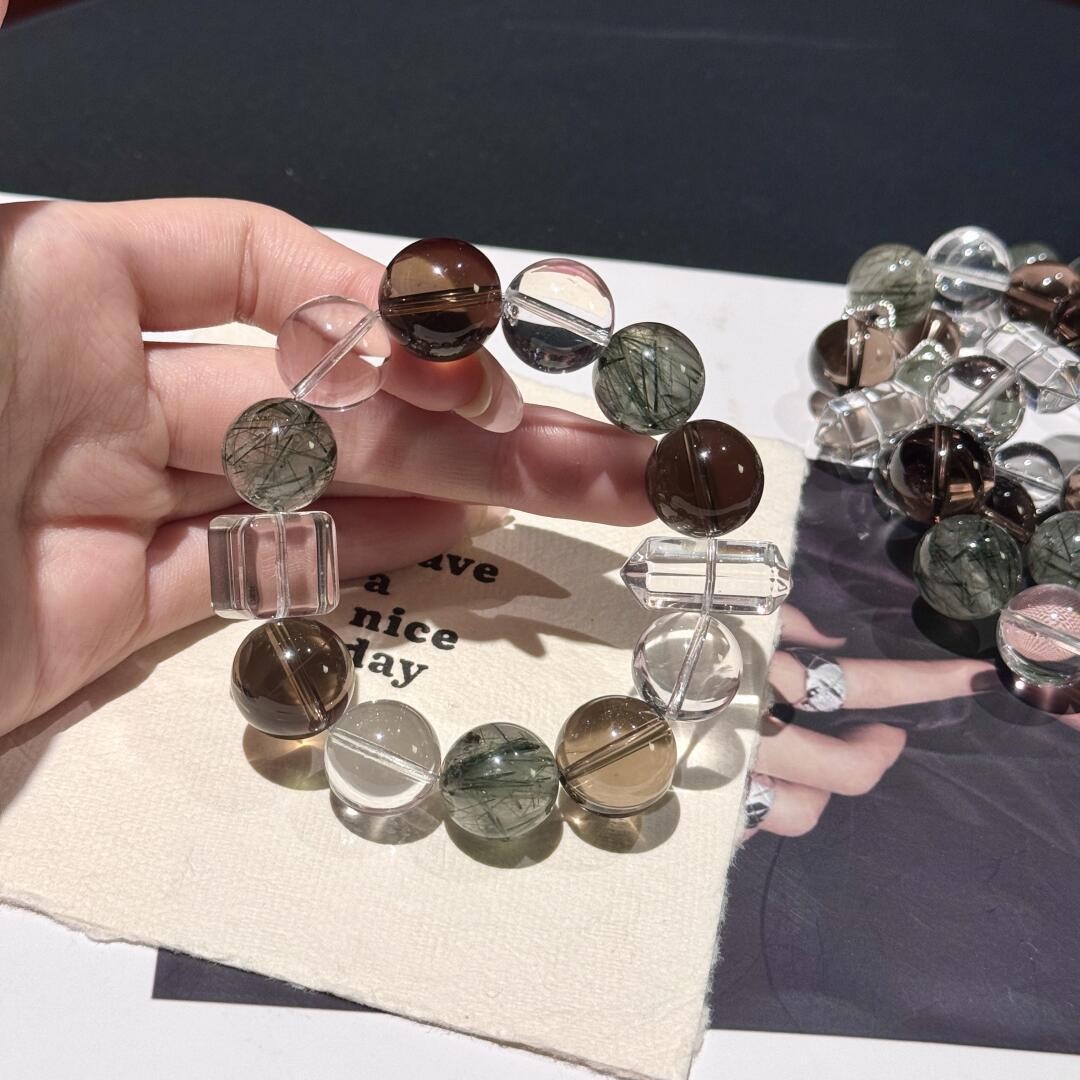 合金锆石手链 14mm大颗粒天然透体巴西茶晶绿发手链手串