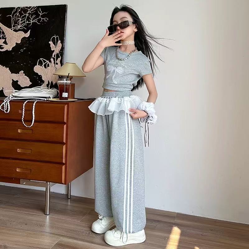 505742 《灰》韩版女童爵士服儿童花边裤潮服选修休闲卫裤两件套