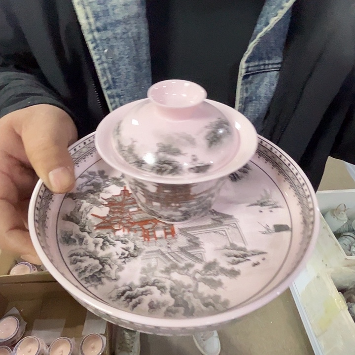 瓷片景德镇陶瓷红稀稀墨彩楼阁山水盖碗一套