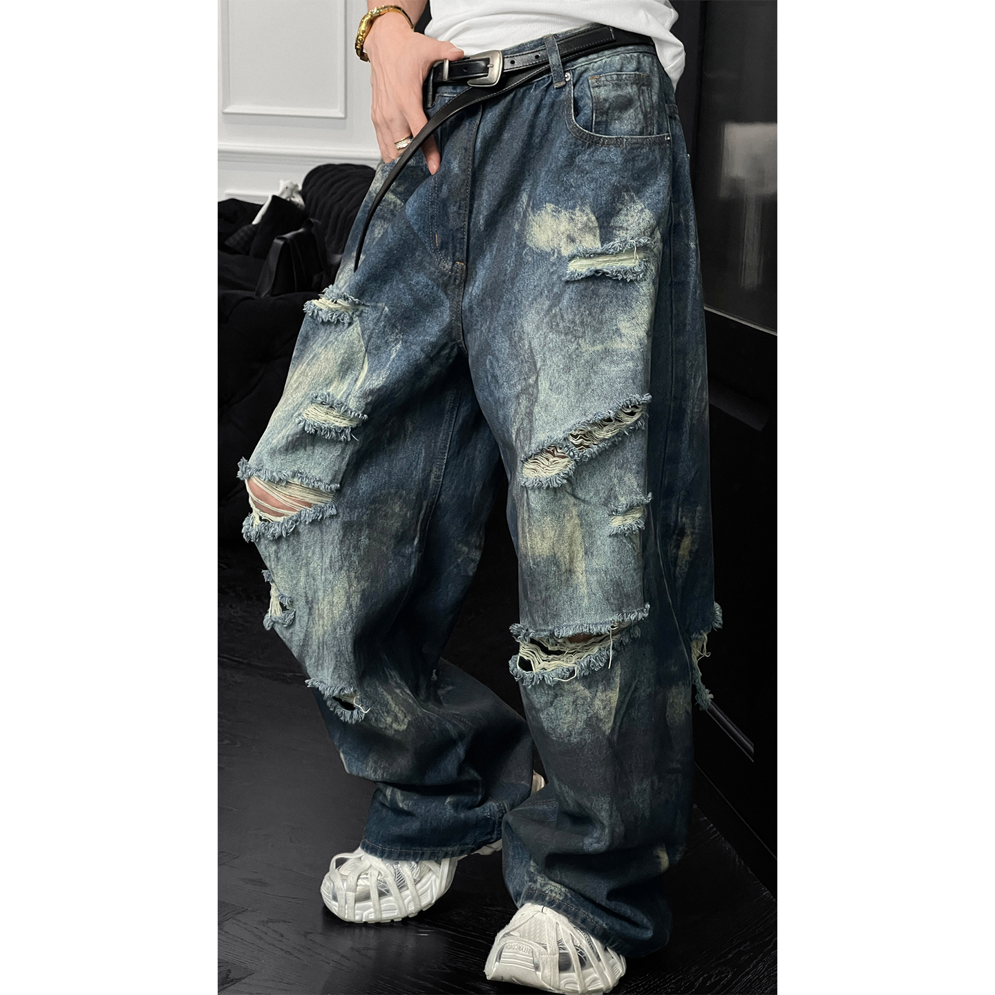 龙叨叨夏季新款潮流复古做旧破洞重工废土风阔腿宽松百搭牛仔长裤