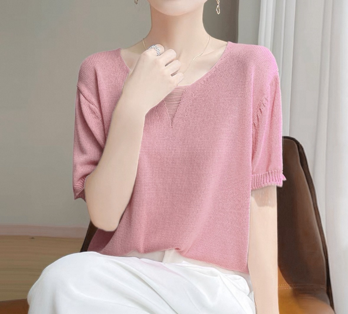 【欧琲】L-671#粉色流苏V领半袖