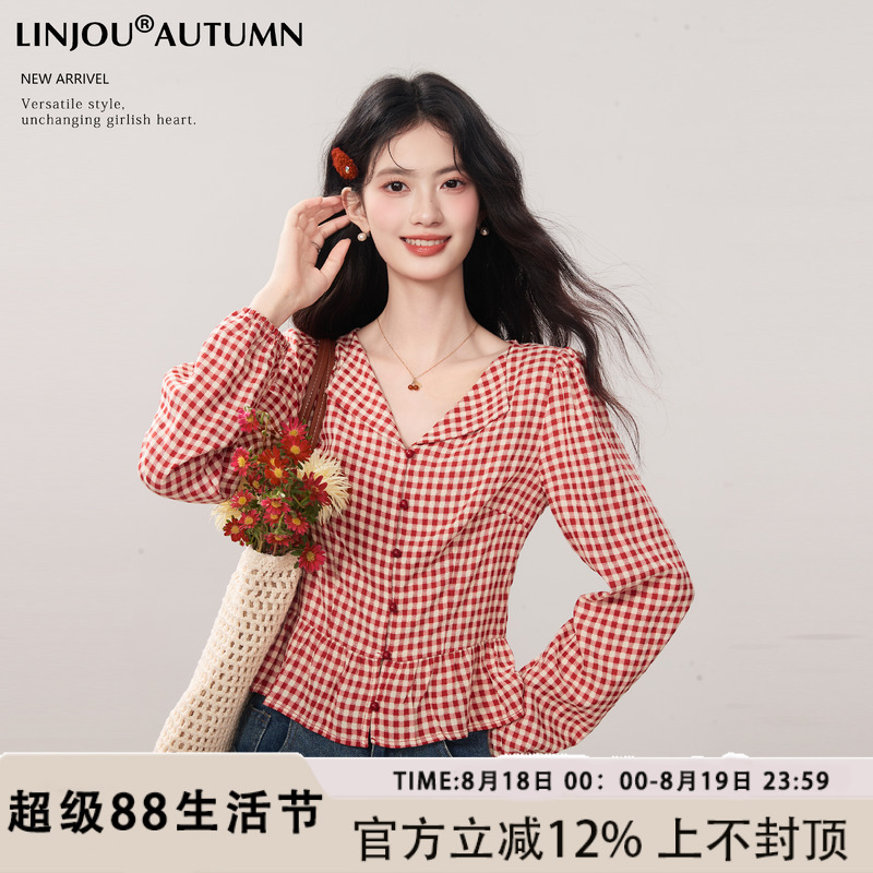 玲玖《甜格俏皮》法式格子衬衫女秋季宽松设计感高级气质红色上衣