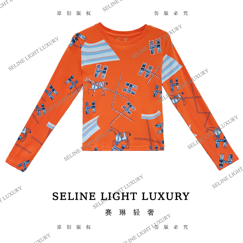 【25Q-604】太 2025 SELINE 新款白蓝小马印花时尚轻奢气质长袖T恤