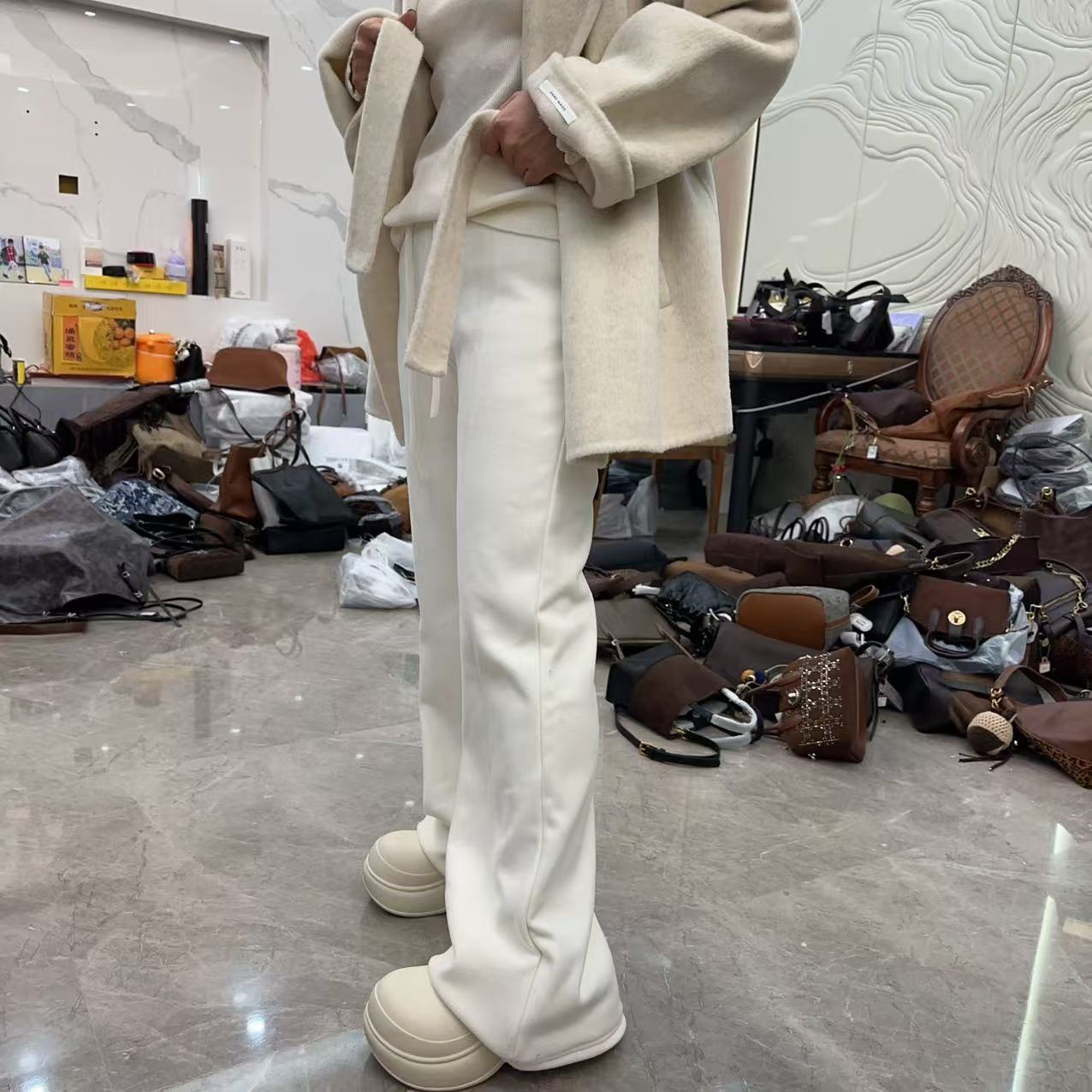 22533款羊绒休闲裤 高腰保暖加绒阔腿休闲裤没口袋 