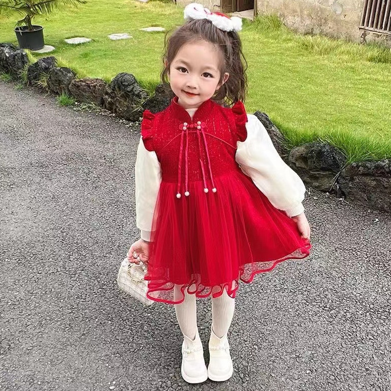 时尚女宝宝公主裙卡通秋冬甜美灯芯绒网纱时髦潮流连衣裙泡泡袖D