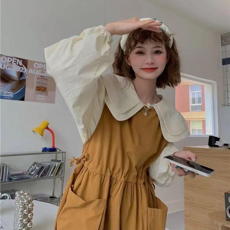 女青春娃娃领两件套衬衫黄裙子韩系ins复古连衣裙【A区】1595 A11-3
