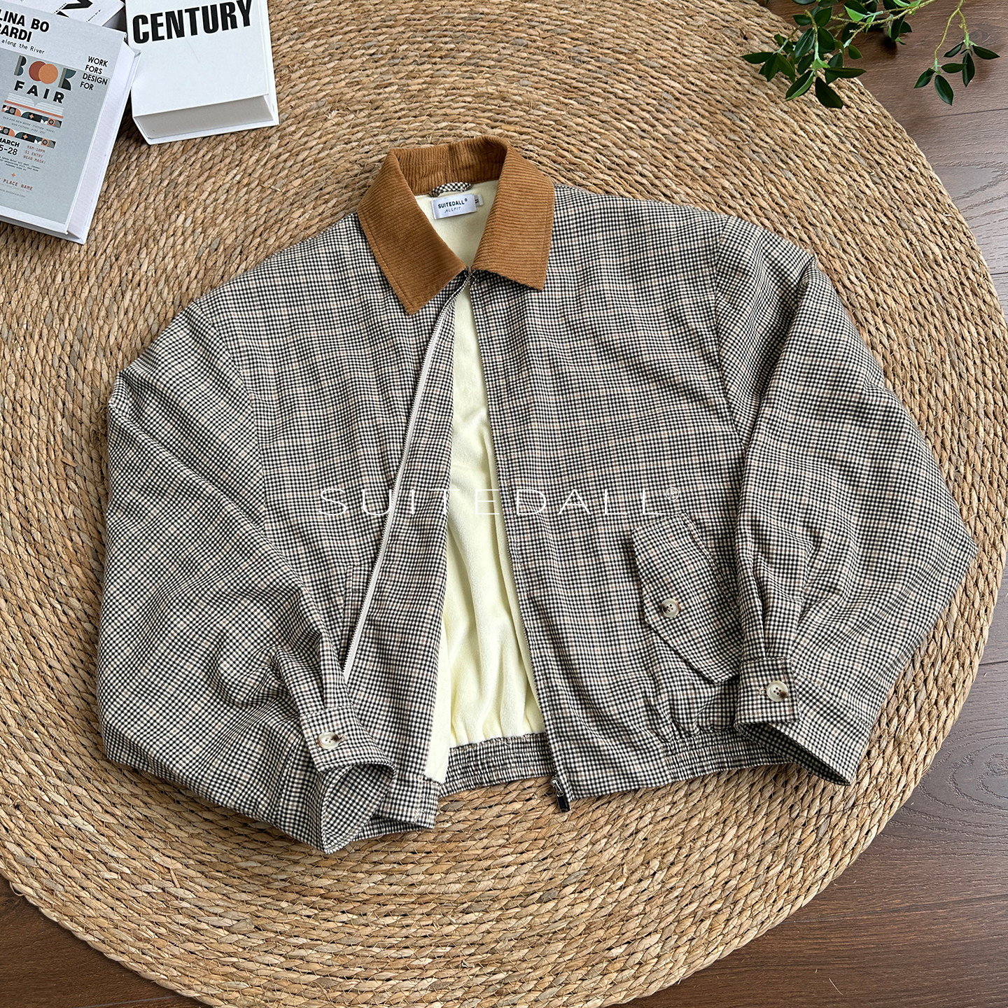 SUITEDALL威尔士亲王千鸟格灯芯绒领短款宽松外套 加绒百搭夹克冬