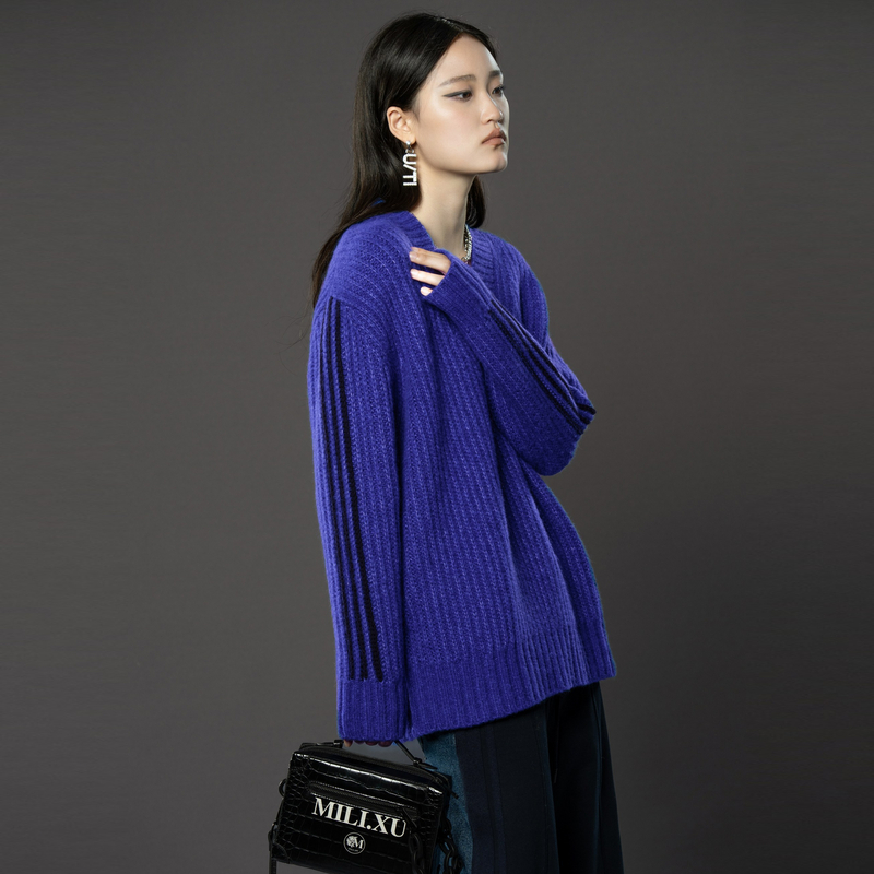 U/TI宽松显瘦条纹针织毛衣通勤风百搭中长款V领套头上衣