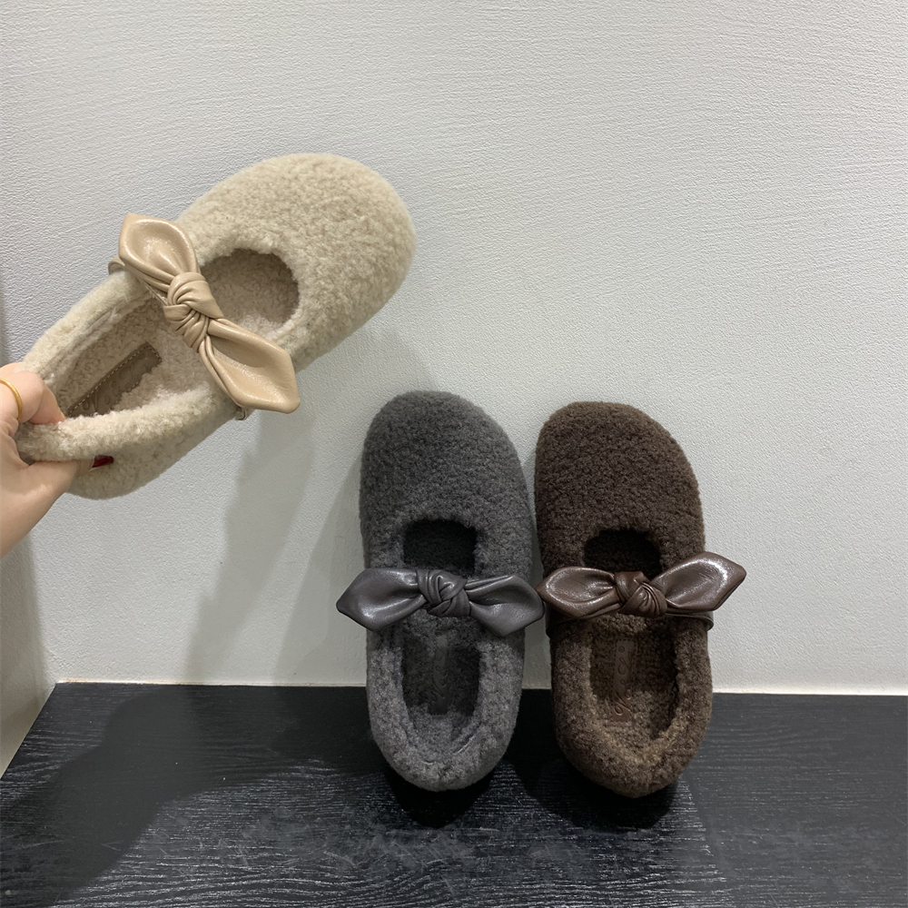 内增高毛绒玛丽珍鞋女秋冬蝴蝶结单鞋保暖加绒棉鞋法式毛毛鞋女