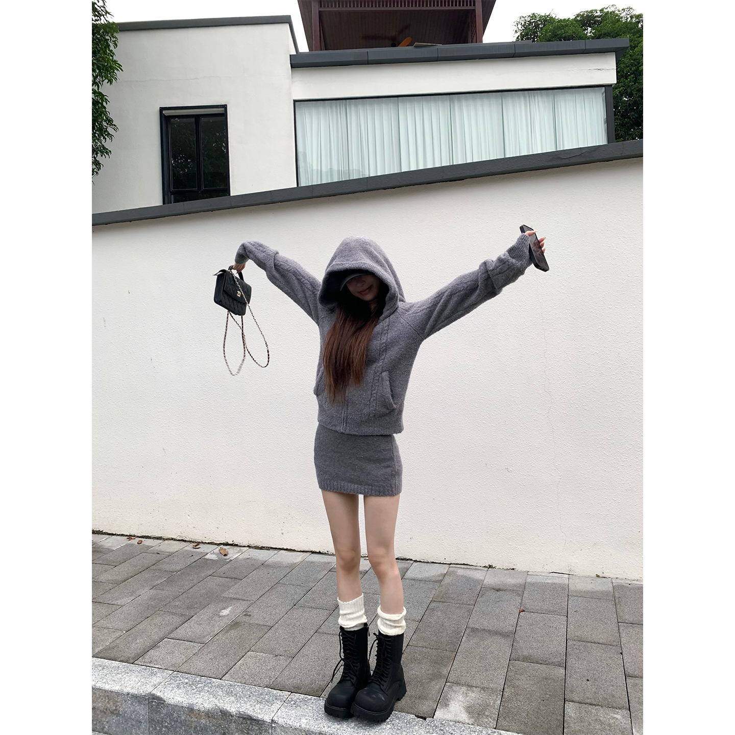 ffcheer 连帽毛衣开衫外套女 韩系针织上衣+包臀短裙2025早秋穿搭