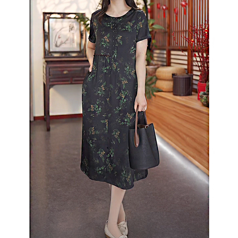 【杨柳含烟】春夏新款桑蚕丝连衣裙夏季中老年优雅时尚中长裙12435