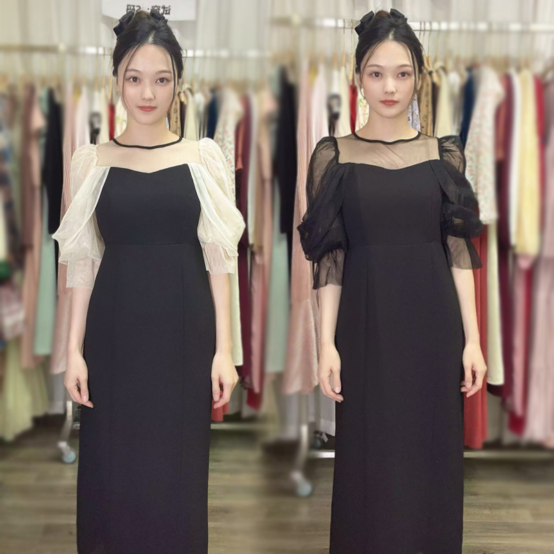 中袖网纱袖撞色连衣裙女日系黑色百搭气质显瘦修身轻奢长裙