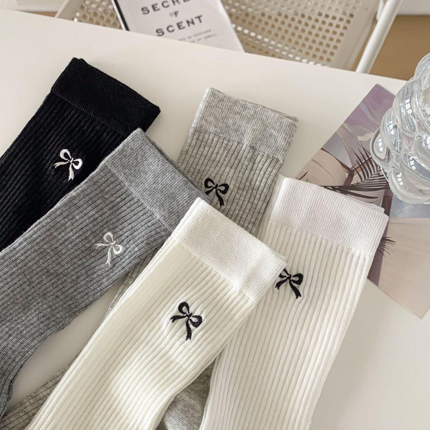 女生ins春夏季薄款中筒袜白色芭蕾风袜子蝴蝶结长筒日系堆堆袜